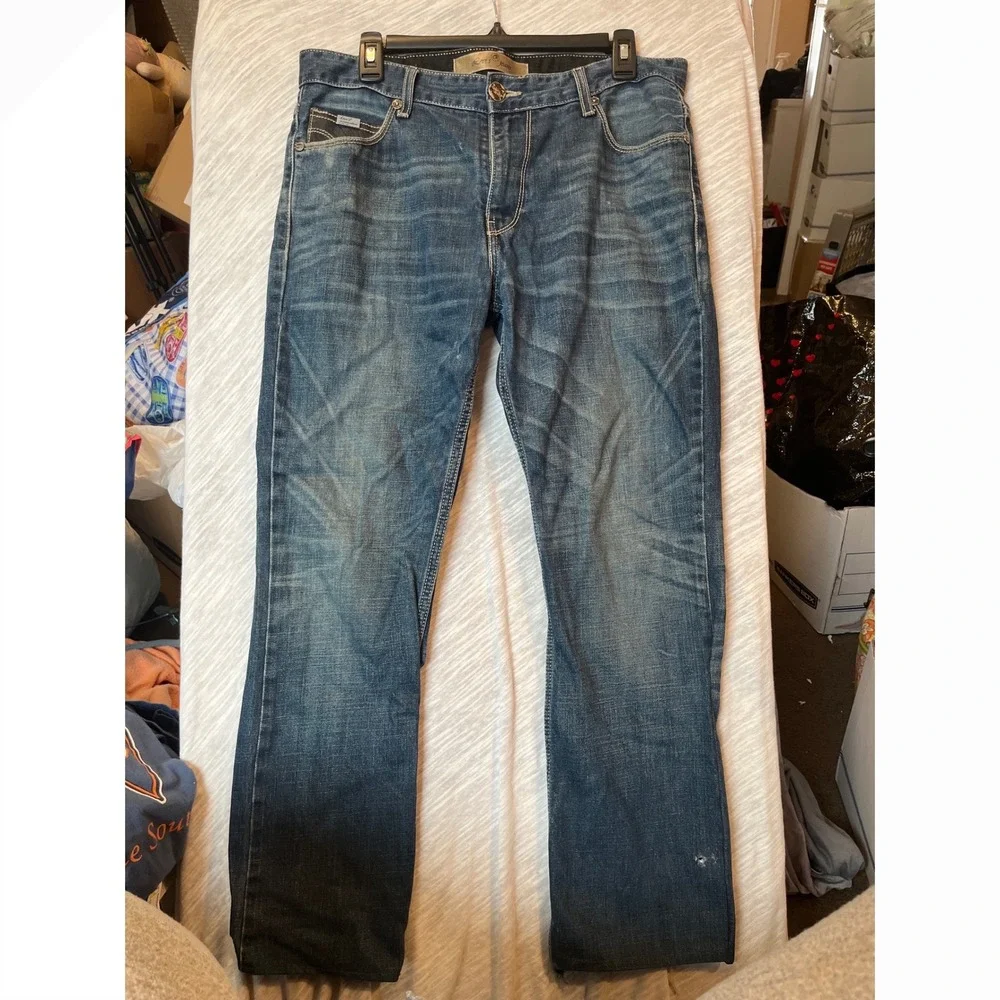Levis Straight Leg Jeans Medium Wash Distressed Thick Stitch Blue TPR9 34x34‎